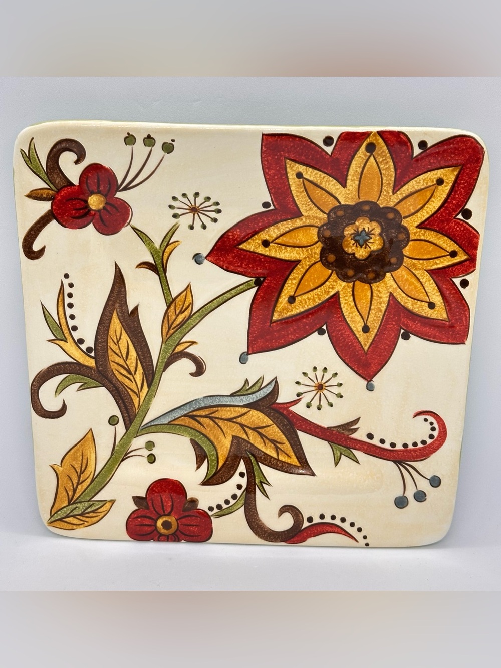 Pier 1 Imports Carynthum 9" Square Salad Plate Floral Red Gold Brown Cream